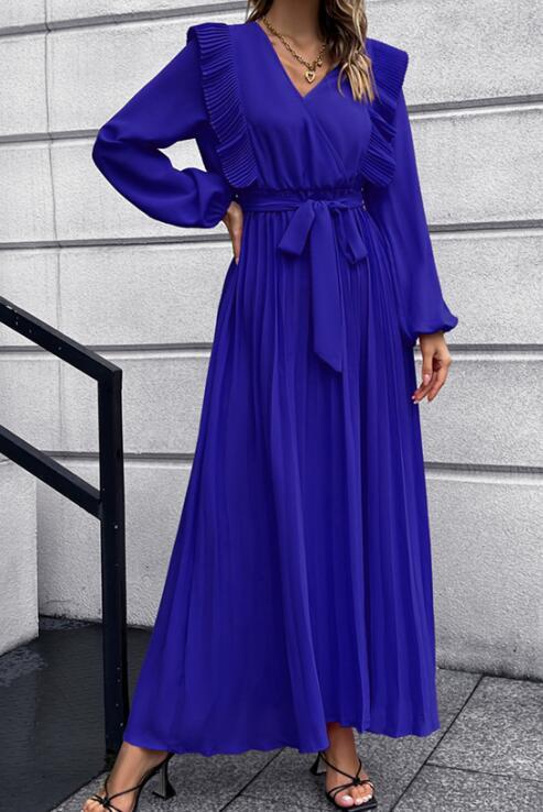 Elegant V-Neck Pleated Midi Dress