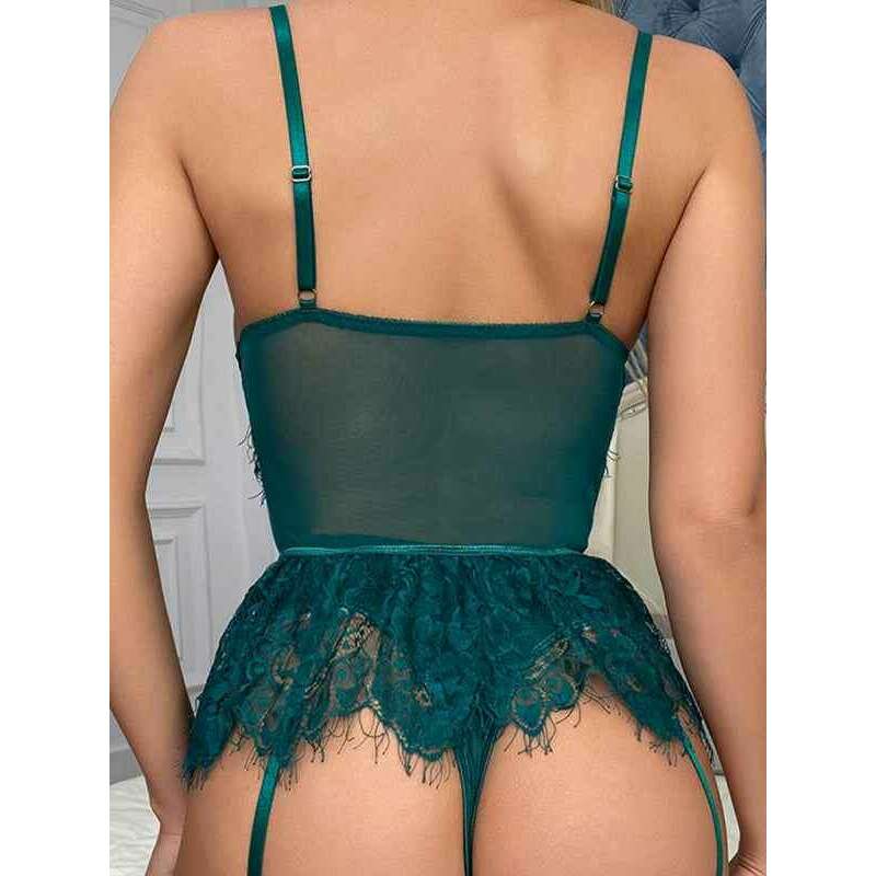 Backless lace lingerie set in deep green featuring delicate lace and adjustable straps