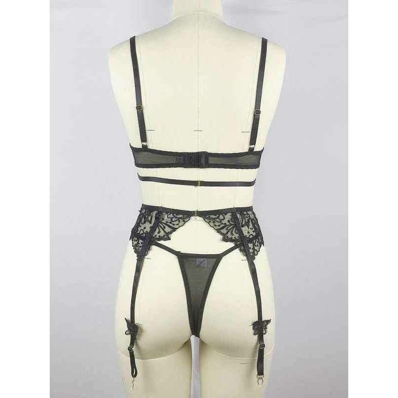 Back view of black sheer lingerie set by Smiling Maria with lace detailing and adjustable straps