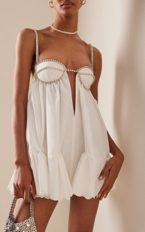 Pleated Swing Dress with Suspender Straps & Diamond Accents – Spring Sexy Sleeveless Fit