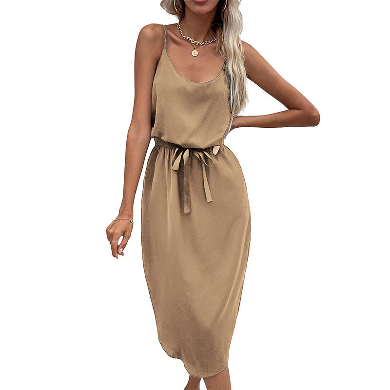 Solid Color Split Suspender Midi Dress – Sleek Fit & Chic Style