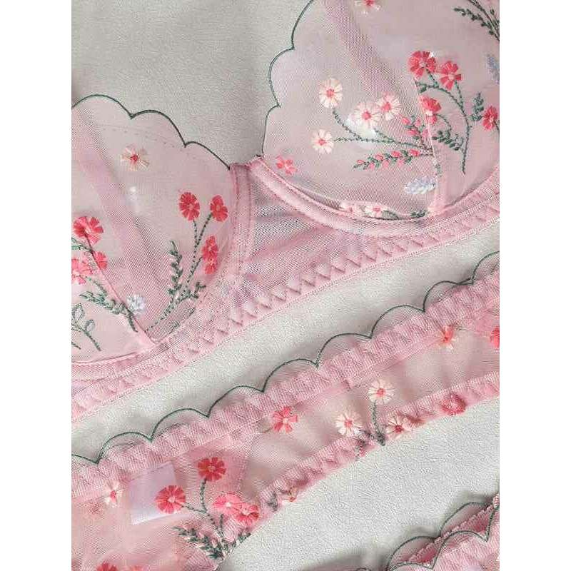 Smiling Maria embroidered mesh lingerie set in soft pink with floral embroidery details