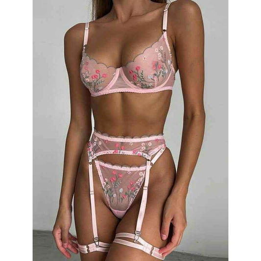 Smiling Maria embroidered mesh lingerie set in pink with floral designs and adjustable straps