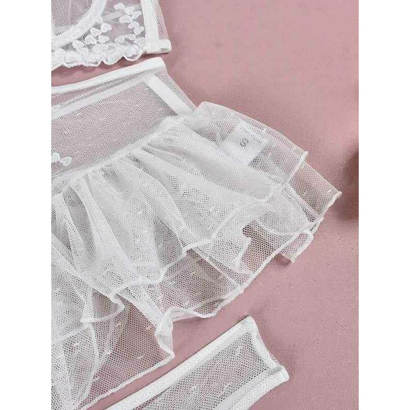 Smiling Maria embroidered mesh lingerie set with ruffled details and floral accents