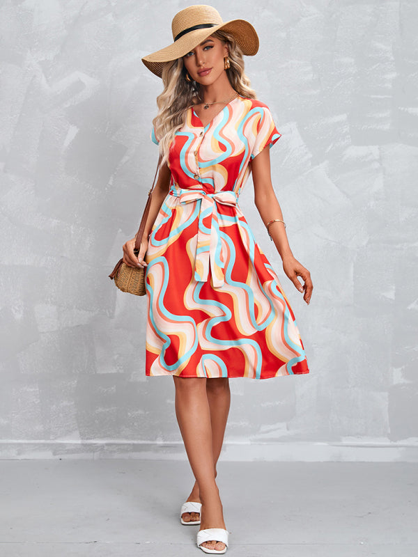 Printed Tie-Front Short Sleeve Dress – Soft Woven Fabric, Graceful Fit