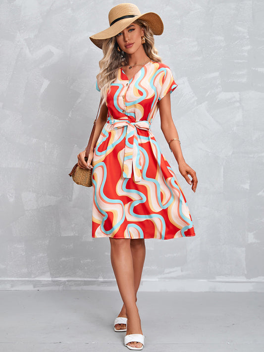 Printed Tie-Front Short Sleeve Dress – Soft Woven Fabric, Graceful Fit