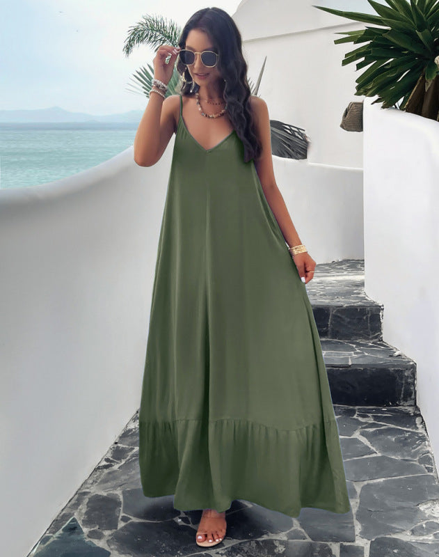 Boho Solid Color Loose Suspender Dress – Lightweight Viscose Midi for Summer