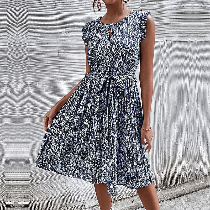 Lace-Up Pleated Midi Dress – Green Floral Sleeveless Summer Dress
