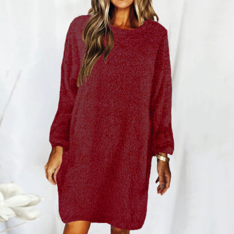 Plush Cotton Lounge Dress – Long Sleeve Relaxed Fit for Fall and Winter