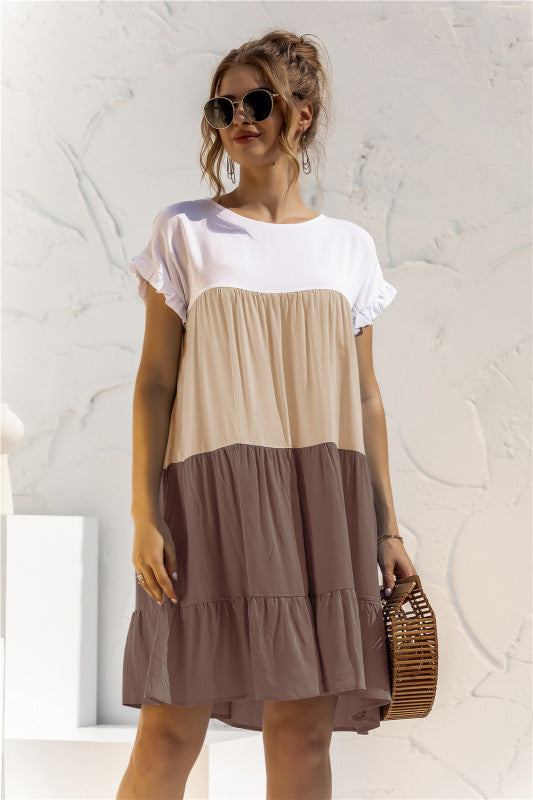 Color Block Boho Baby Doll Shirt Dress – Loose Fit, Short Sleeves, Lightweight Knit
