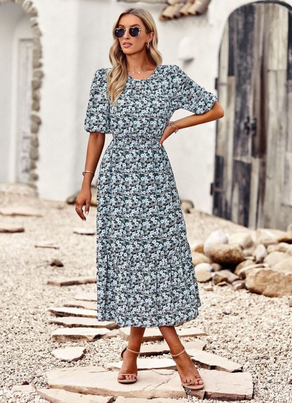Printed Round Neck A-Line Dress – Romantic Fit for Spring & Summer