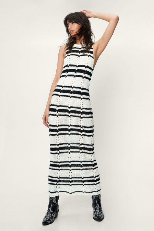 Damen Bohemian Rundhals Ärmelloses Strick Gestreiftes Maxikleid – Weiß