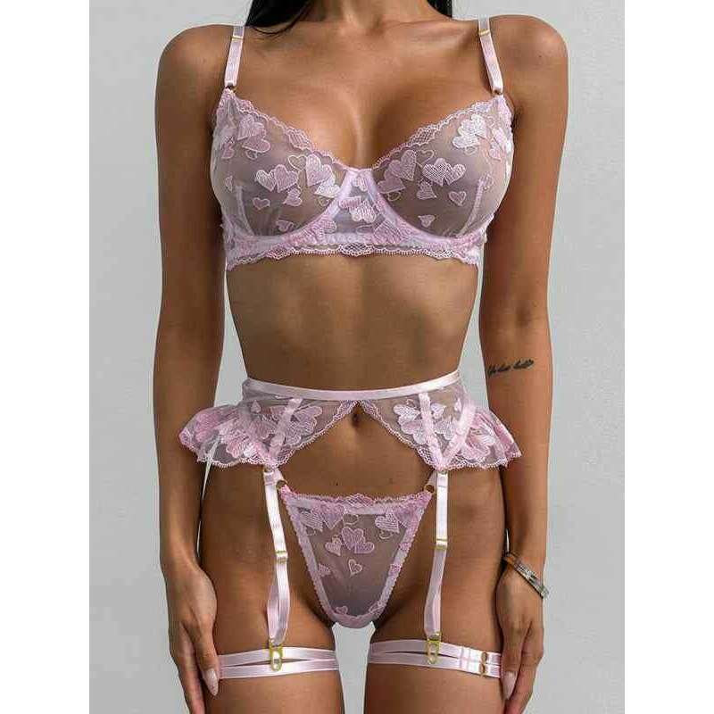 Smiling Maria heart shaped embroidered lingerie set in pink with lace details and garter straps