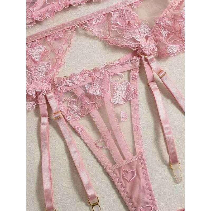 Smiling Maria heart shaped embroidered lingerie set in pink with lace and suspender straps