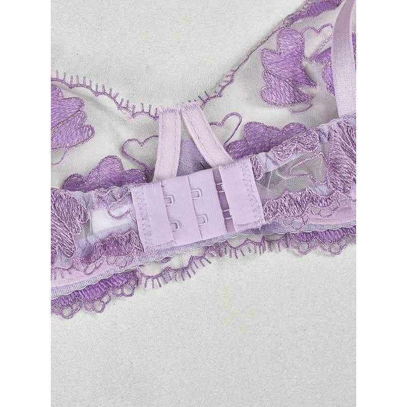 Smiling Maria heart shaped embroidered lingerie set in lavender with delicate lace detailing and hook closure