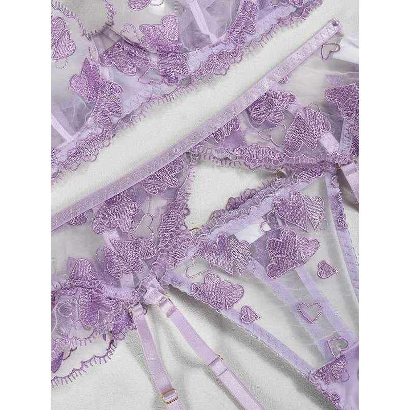 Smiling Maria heart shaped embroidered lingerie set in lavender with delicate lace and hook closures
