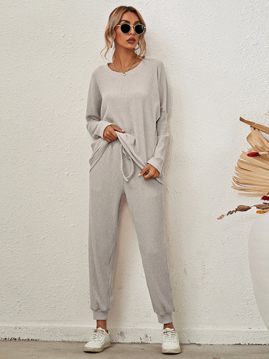 Women's Long-Sleeve Relaxed Fit Lounge Set – Soft Knit with Pockets