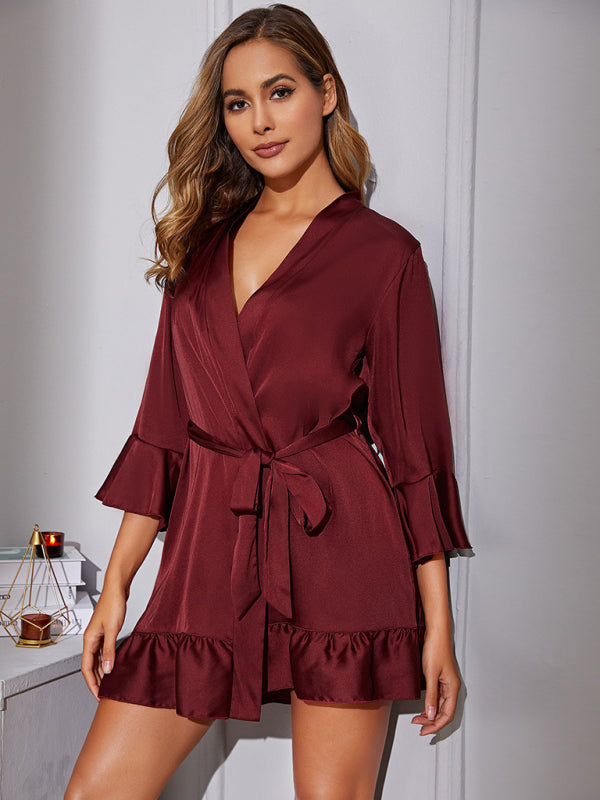 Women's Solid Woven Robe – Belted Sexy Loungewear with 3/4 Sleeves