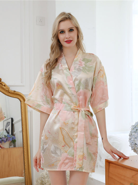 Floral Three-Quarter Sleeve Robe – Romantic Belted Loungewear