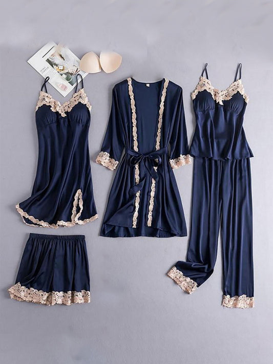 Women's Lace Pajama Set – 5-Piece Soft Lounge Sleepwear in Contrasting Colors