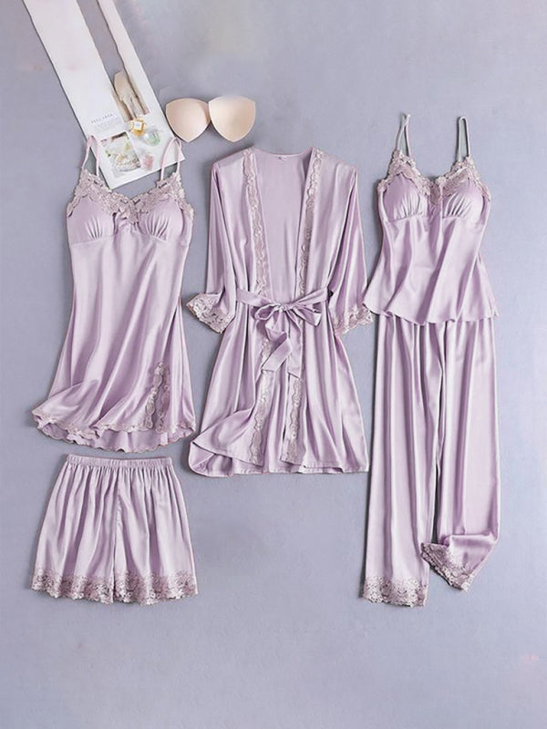 Women's Lace Pajama Set – 5-Piece Soft Lounge Sleepwear in Contrasting Colors