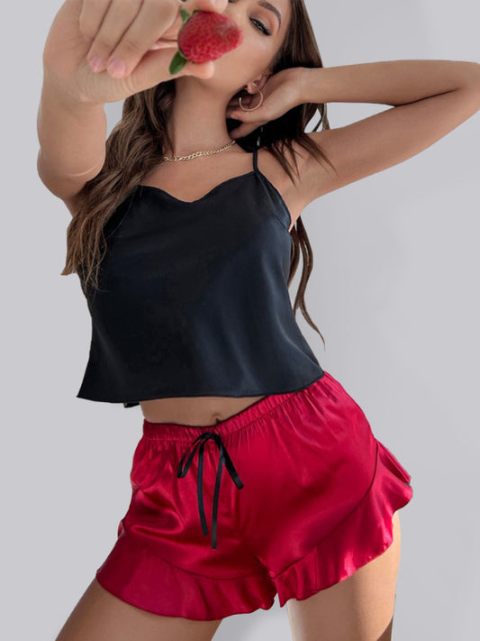 Women's Two-Piece Pajama Set – Contrast Camisole & Matching Shorts