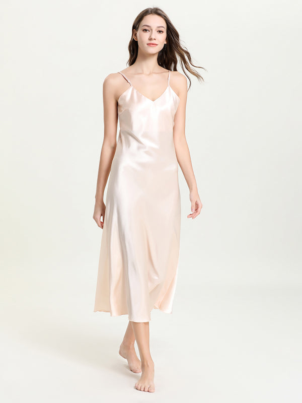 Satin V-Neck Midi Slip Dress – Sexy Sleeveless Silhouette with Adjustable Straps