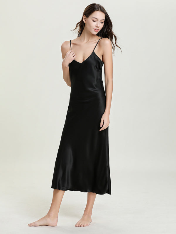 Satin V-Neck Midi Slip Dress – Sexy Sleeveless Silhouette with Adjustable Straps