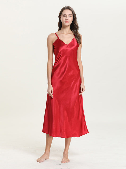 Satin V-Neck Midi Slip Dress – Sexy Sleeveless Silhouette with Adjustable Straps