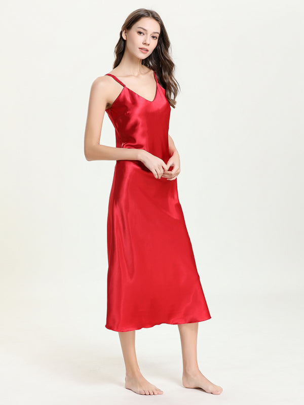 Satin V-Neck Midi Slip Dress – Sexy Sleeveless Silhouette with Adjustable Straps