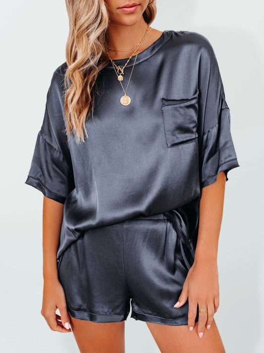 Women's Satin Short-Sleeve Pajama Set with Irregular Hem & Shorts