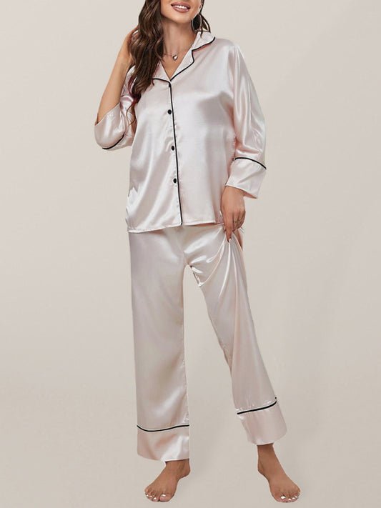Color-Block Imitation Silk Pajama Set – Long Sleeve Loungewear for Women