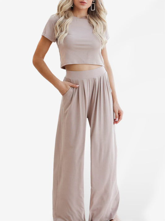 Solid Color Two-Piece Lounge Set – Short Sleeve Tee & Trousers