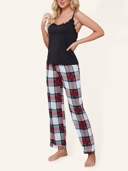 Knitted Plaid Lounge Set – Women's Sleeveless Homewear with Trousers