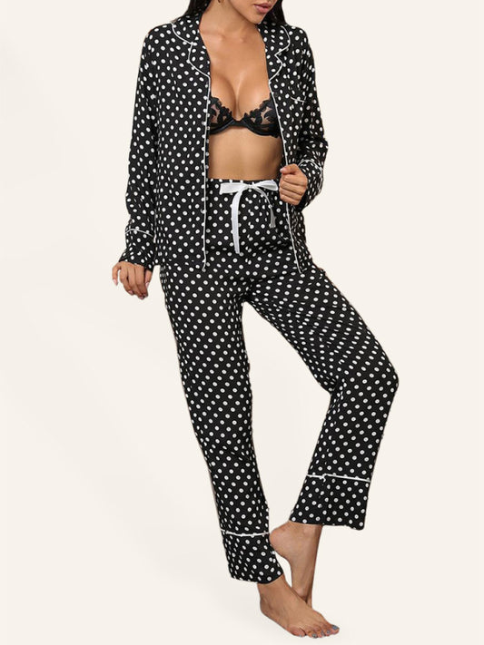 Polka Dot Long-Sleeve Lounge Set – Soft Knit Pajama Pants & Lapel Top