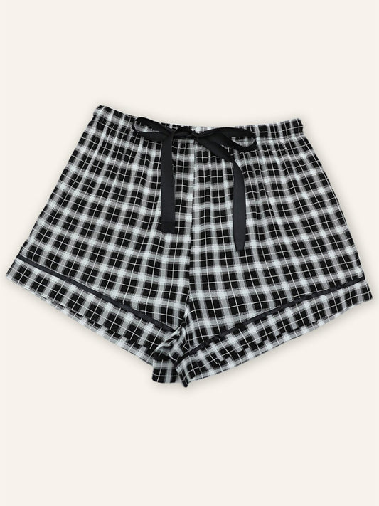 Plaid Knit Short Pajama Lounge Pants – Soft Rayon Blend, Black