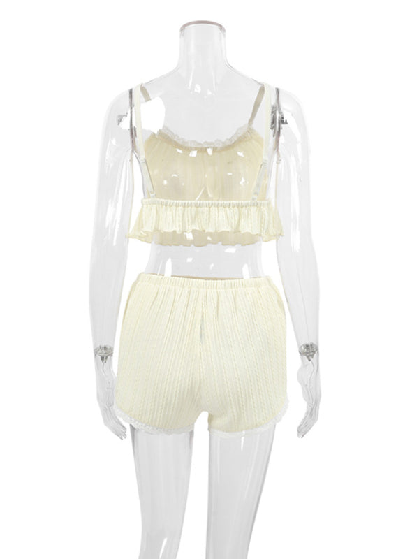 Lace Trim Cami & Shorts Pajama Set – Soft Knit Loungewear for All Seasons