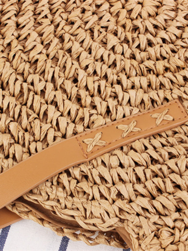 Round Straw Woven Shoulder Beach Bag for Women