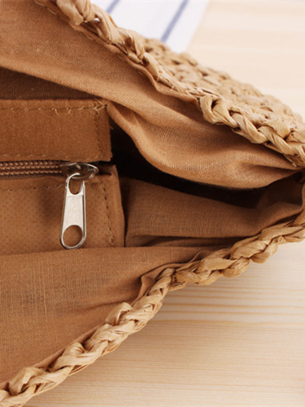 Round Straw Woven Shoulder Beach Bag for Women