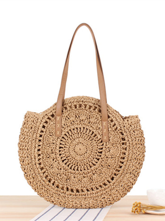 Round Straw Woven Shoulder Beach Bag for Women