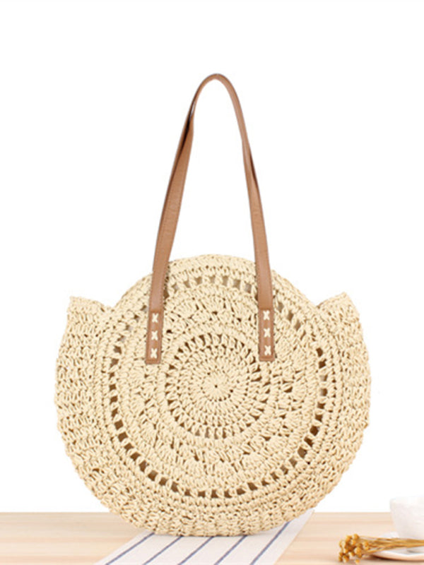 Round Straw Woven Shoulder Beach Bag for Women