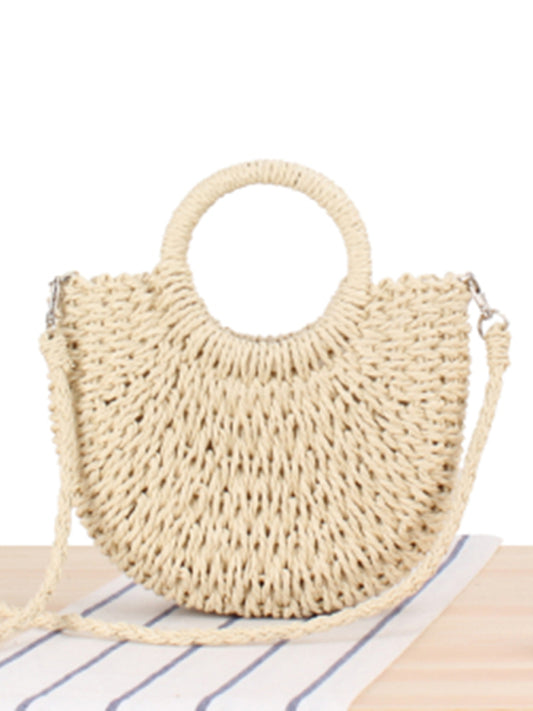 Half Round Woven Straw Beach Bag for Women