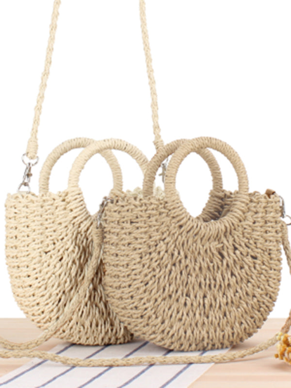 Half Round Woven Straw Beach Bag for Women