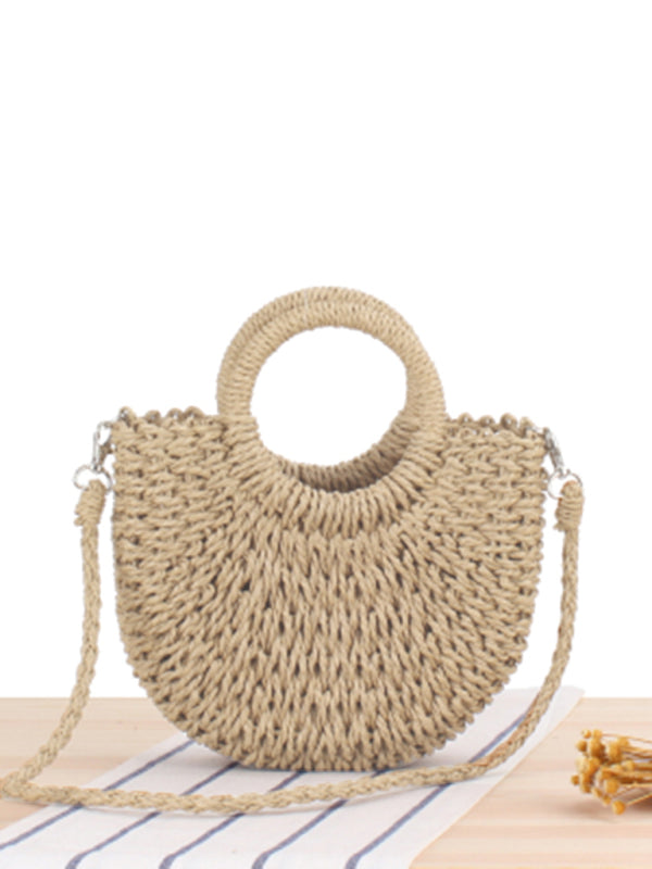 Half Round Woven Straw Beach Bag for Women
