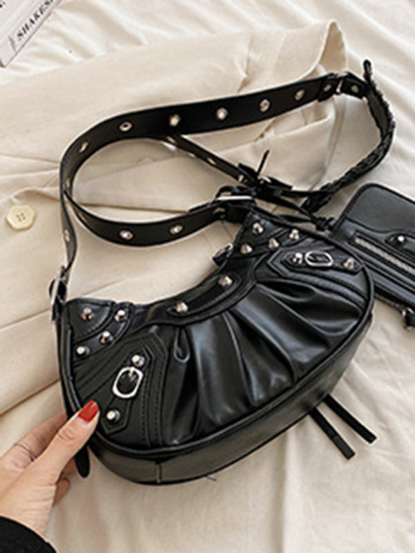 Rivet Pleated PU Shoulder Messenger Bag