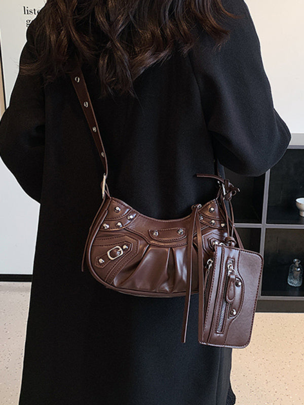 Rivet Pleated PU Shoulder Messenger Bag