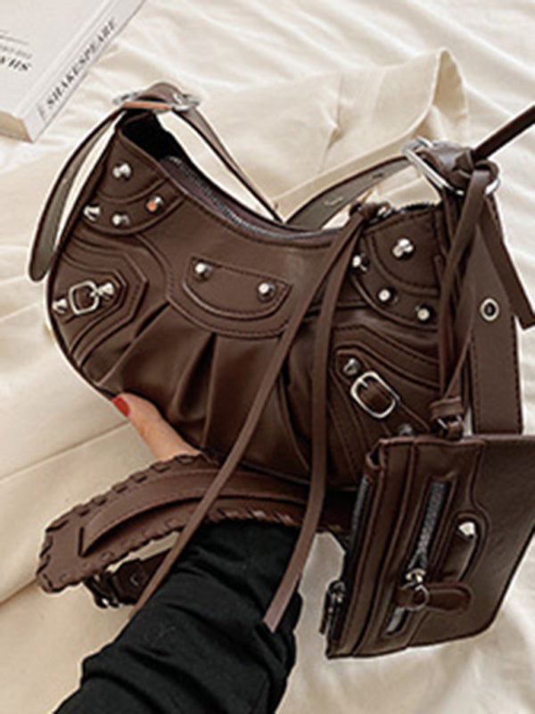 Rivet Pleated PU Shoulder Messenger Bag
