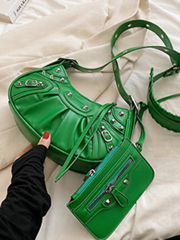 Rivet Pleated PU Shoulder Messenger Bag