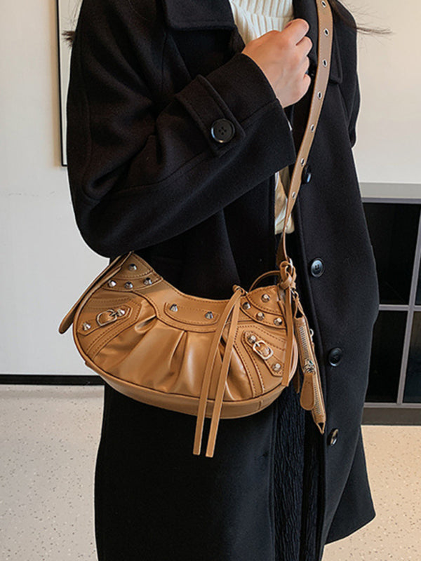 Rivet Pleated PU Shoulder Messenger Bag