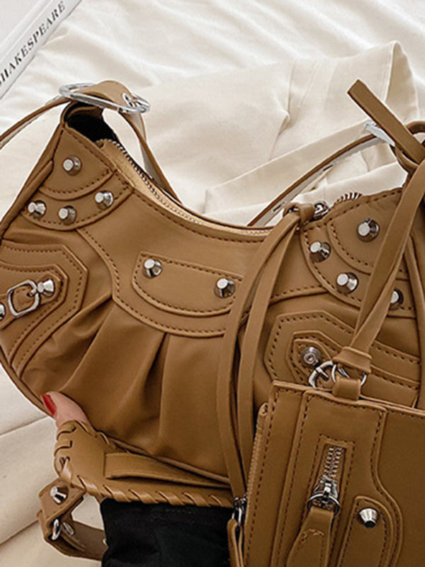 Rivet Pleated PU Shoulder Messenger Bag